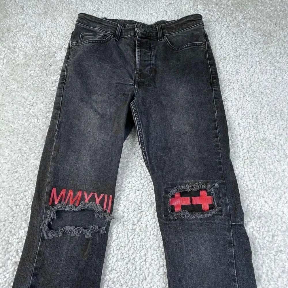 Ksubi Chitch World Tour Black Distressed Jean Red Stitch Mens 31x32